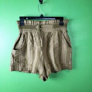 Free People Women's Green Stripe Paper Bag Waist Double Buckle Frayed Shorts